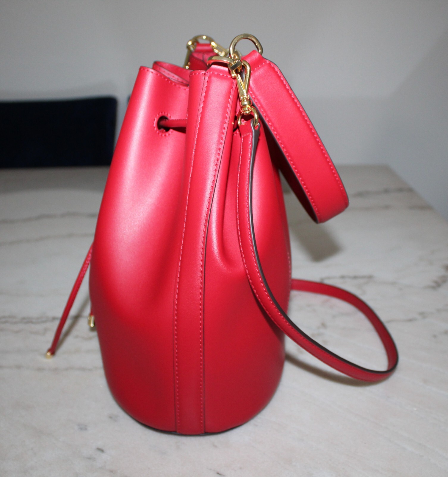 Lauren Ralph Lauren Andie Drawstring Leather Bag Red Gem