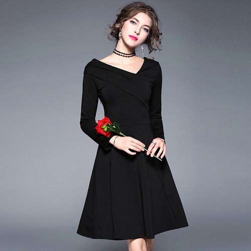 Elegante vestito abito corto morbido nero amplio scampanato maniche lunghe  3978 | eBay