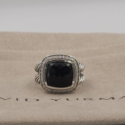 David Yurman Sterling Silver Albion Ring 11mm Black Onyx and Diamonds Size 6
