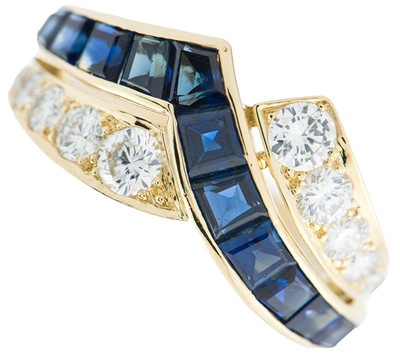 MELLERIO dits MELLER Blue Sapphire and Diamond 18K Yellow Gold Ring Size 13