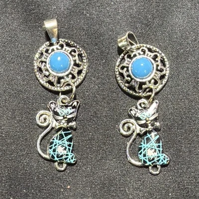 Silver Tone Blue & Black Enamel Round Cat Charm Dangle Hook Earrings Pair - Image 1 of 4