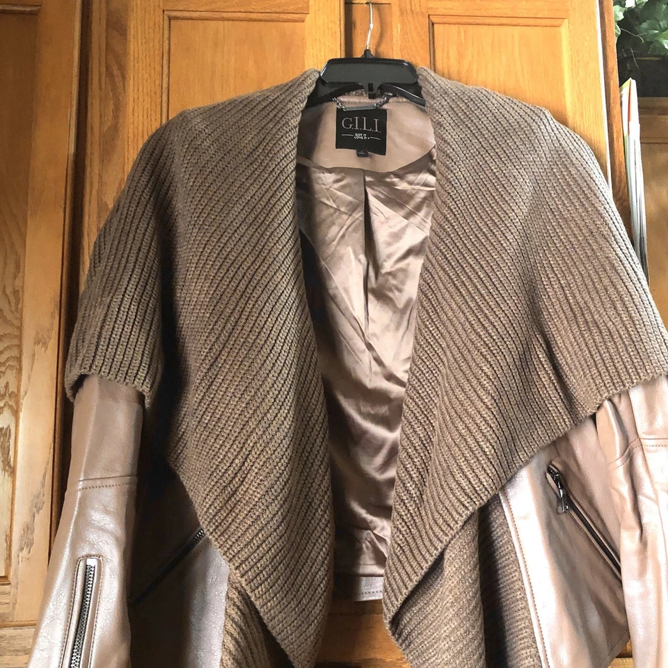 G.I.L.I. Suéter malha cascata jaqueta de couro motocicleta zíper com cinto tamanho 8 ** - Imagem 3 de 4