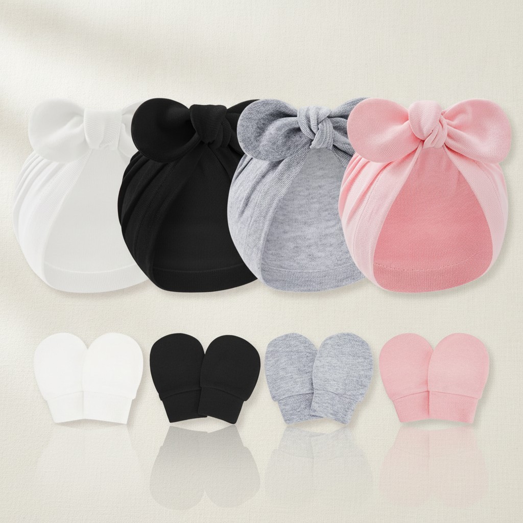 Newborn Baby Girl Beanies Bow Mittens 4 Pack