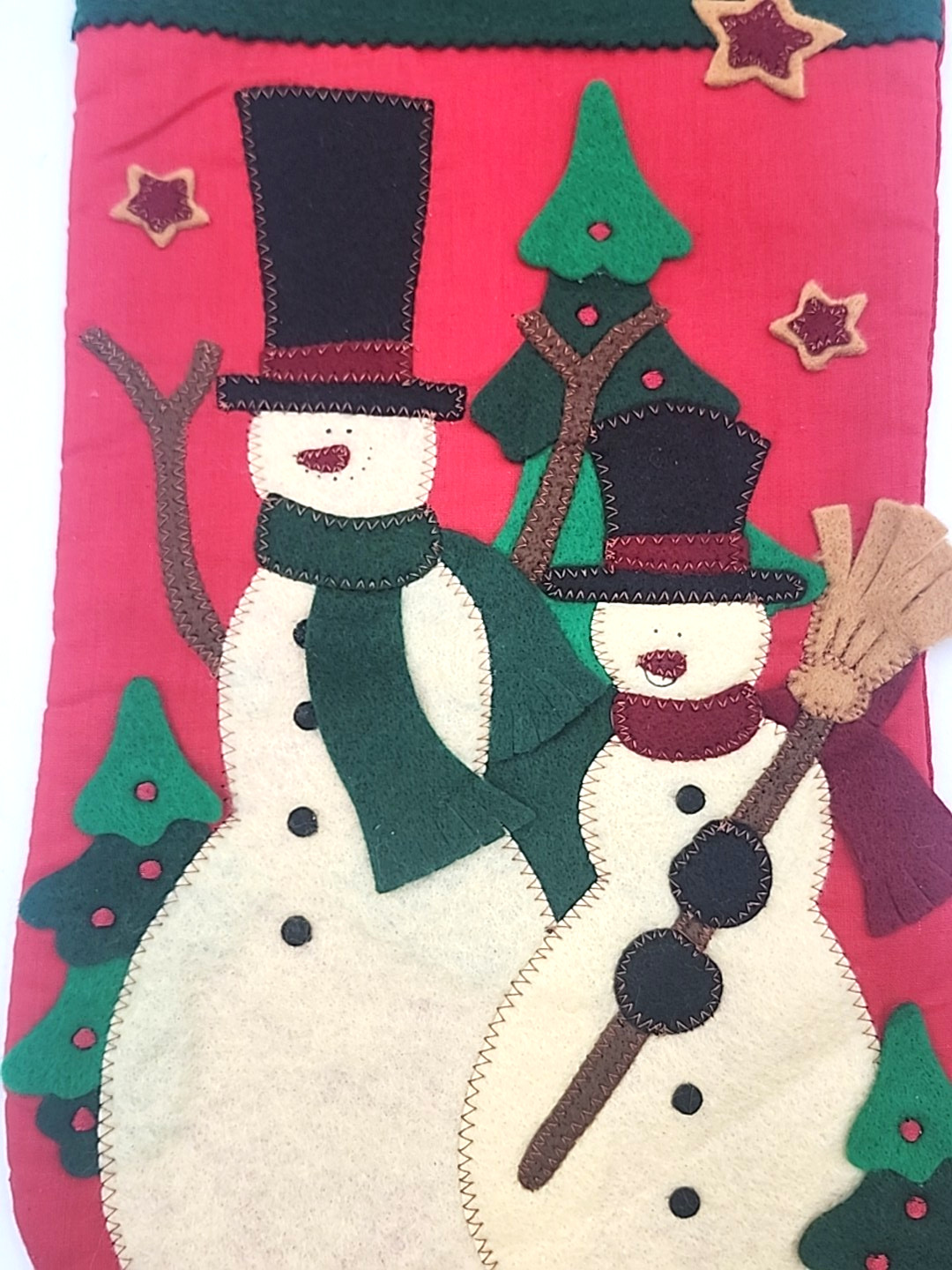2 Felt Applique Christmas Stockings Santa W Reindeer & Snowman Primitive Style