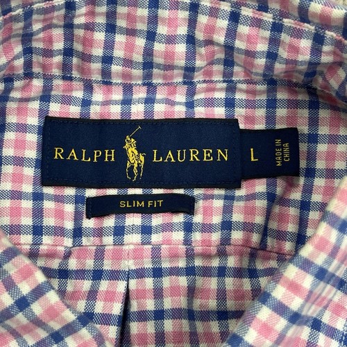 Polo Ralph Lauren Slim Fit Stretch Oxford Shirt Men Large Blue Pink Plaid Stains - Picture 5 of 16