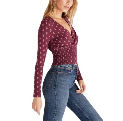 Z SUPPLY Eliana Ditsy Smock Top Sz L Burgundy Floral VNeck Surplice Modal Blend