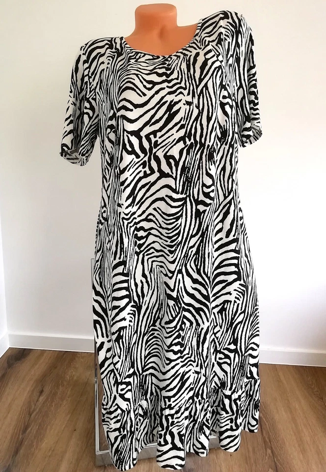 Gr. 42 * 44 Sheego leichtes Jerseykleid Midi Zebra-Look Volant weiß - 40% Rabatt - Bild 3 von 4