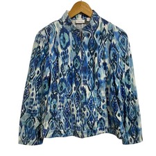 Chicos Blue Abstract Artsy Zip Front Jacket Linen Blend Costal Resort Size 1 /M