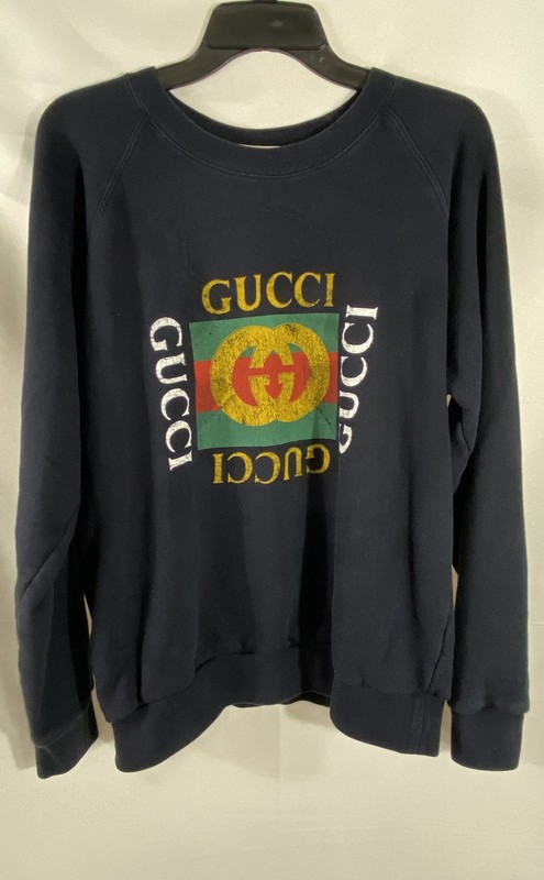 Gucci Men's Black Distressed Logo Graphic Cotton Crewneck Sweatshirt M