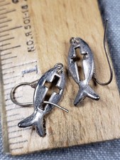 Vintage Earrings Icthyus Fish Jesus Cross Christian Religious B10
