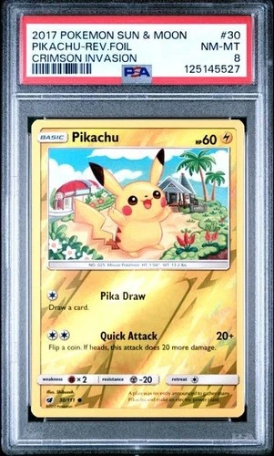 PIKACHU - Reverse Foil 30/111 Pokemon Sun & Moon Crimson Invasion PSA 8 *gb