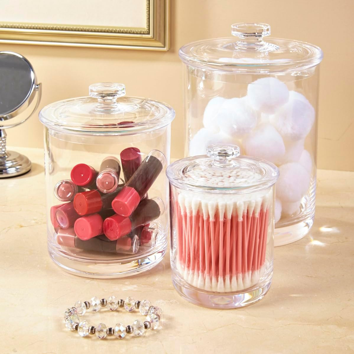 3-Pack Premium Quality Clear Plastic Qtip and Cotton Ball Holders, 15-Oz, 30-Oz,