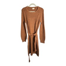Caslon Brown Long Sleeve Belted Sweater Dress Round Neckline Size Small