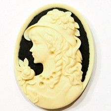 4 of 40x30mm Cream over Black Victorian Women Long Hair Hat Resin Cameo Cabochon