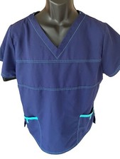 Scrubstar Scrub Top Women's XL Navy Blue Teal Trim V-Neck Short Sleeve Pockets