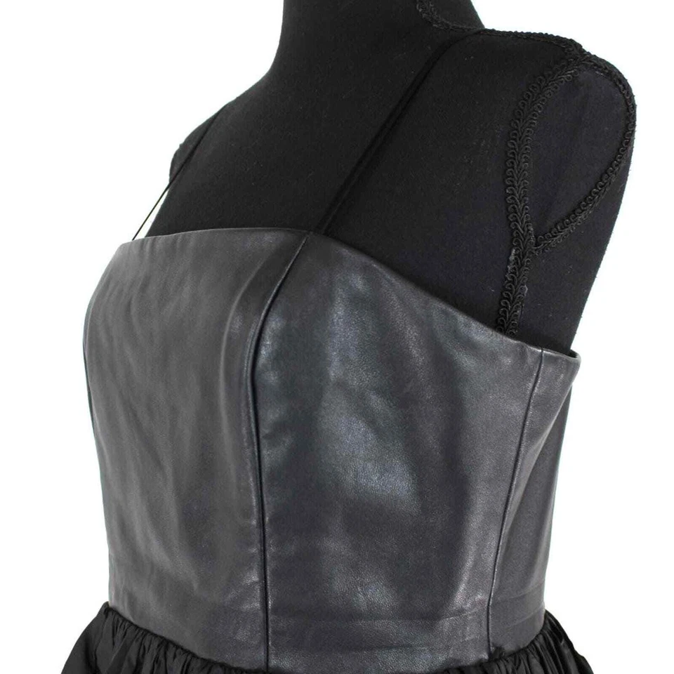 Alice + Olivia Black Leather Sleeveless Silk Mini Dress Medium Bubble Hemline - Image 3 of 4