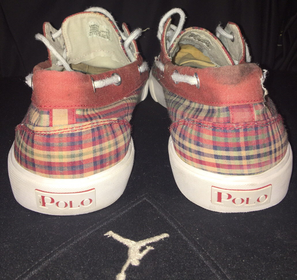 Scarpe da ginnastica Polo Ralph Lauren plaid logo pony uomo barca tela misura 11 5 D
