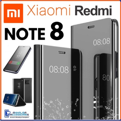 FLIP COVER FOR XIAOMI REDMI NOTE 8 BLACK BOOK CASE MIRROR CLEAR VIEW 360°