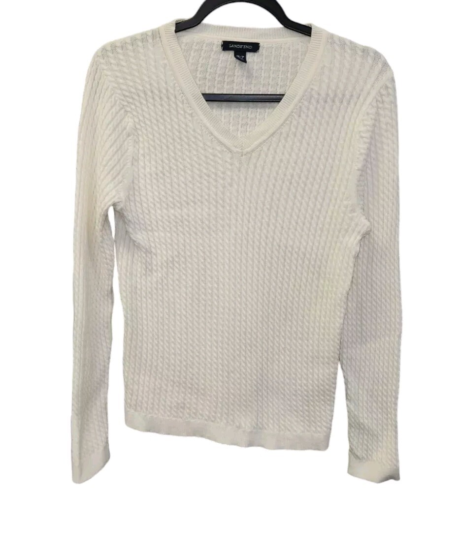 Lands End Sweater Womens MP 10/12 Off White Pullover Cable Knit V Neck 1775