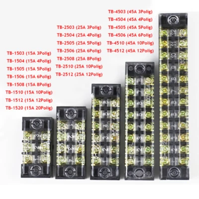 TB 15/25/45A 3~20Way Electrical Terminal Block Wire Connector Screw-On Dual Row