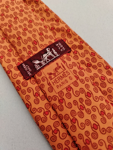 Hermes Paris 5256 SA Silk Designer Necktie H Figure Swirl Pattern Orange Men Tie - Picture 6 of 15