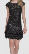 Guess Women's Black Sequined Mesh Cap-Sleeve Ruffled-Hem Dress Size 6