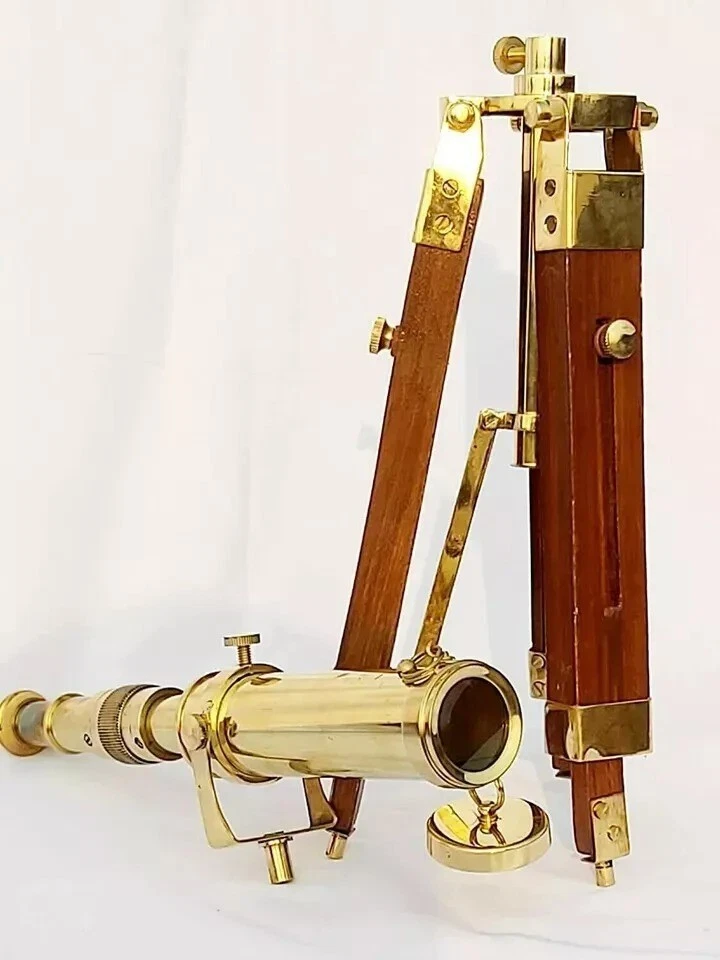 Telescopio de 10 pulgadas con soporte de trípode de madera antiguo hecho a mano réplica estilo grabado Foto 3 de 4