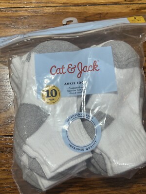 Cat & Jack Boys Shoe Medium,  Small 5.5 White 10 Pack Athletic Ankle Socks NWT