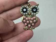 Vintage Owl Necklace Pink Black Rhinestone