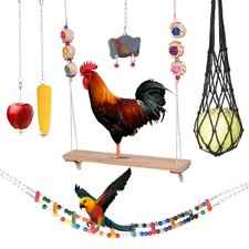 Chicken Toys for Coop Accessories 6PCS -Swing, Mirror, Vegetable Hanging Feed...