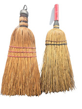 Vintage Two Straw Whisk Hand Brooms 1 with metal hanger 1 with red handle
