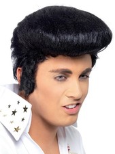 Smiffys Elvis Deluxe Wig for Adults, Black with High Quiff and Sideburns, Offici