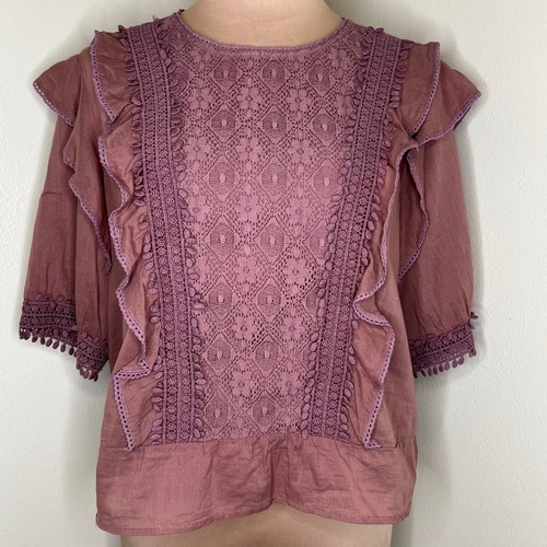 Love Sam Top Small Womens Mauve Short Sleeve Back Button Lace Crochet Ruffle Tie