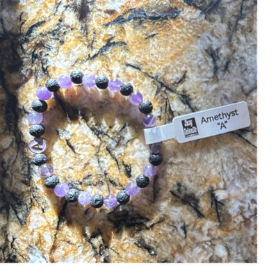 Beaded Amethyst & Lava Rock Adjustable Bracelet Purple Black Unisex Healing