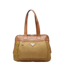 Prada Nylon Leather Handbag Women Beige One Size