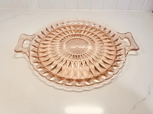 Vintage Jeanette Depression Glass Pink Windsor Cake Plate With Handles