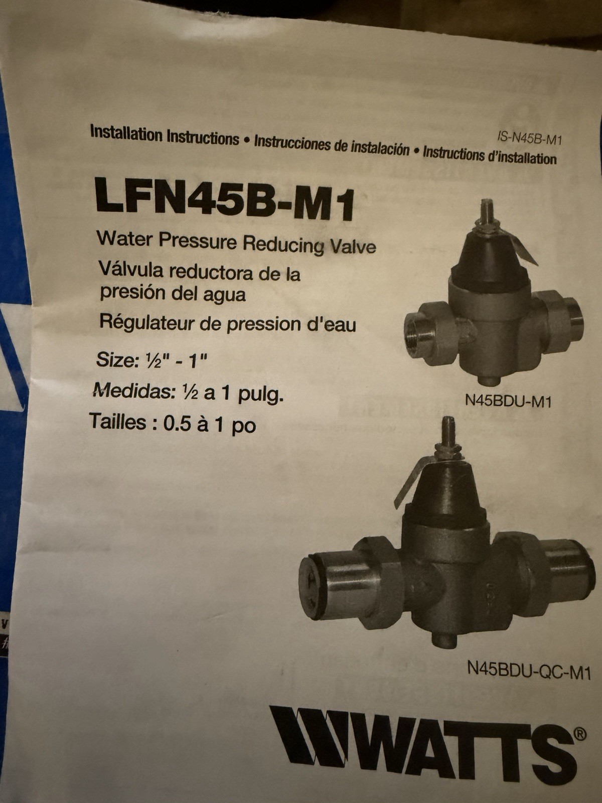 Watts LFN45BM1 Water Pressure Reducing Valve 1”