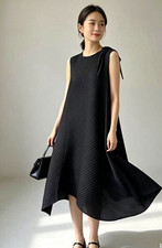 Black Pleated Sleeveless Midi A-Line Dress Stretch Round Neck Pullover Casual