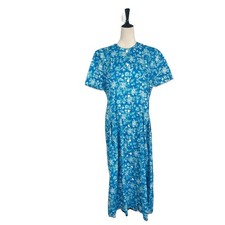 VINTAGE 70s Blue Floral House Dress MUUMUU Button Front Lounge Size Large