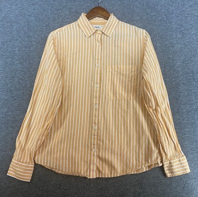 Pact Button Up Shirt Women Medium Orange White Striped Button Up SEE PICS