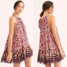 Free People Lyla Mini Swing Dress XS Pink Floral Halter Neck Tiered Ruffle