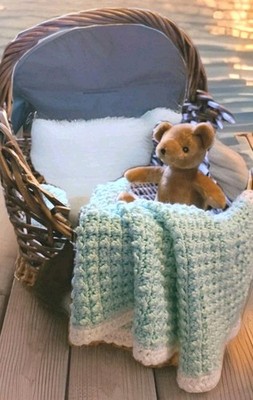 NEW Handmade Crochet Pastel Mint Green With White Trim Baby Blanket 28x30