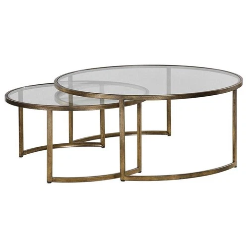 Uttermost Rhea 2-Piece Metal and Glass Top Nesting Coffee Table Set in Gold - Picture 1 of 8