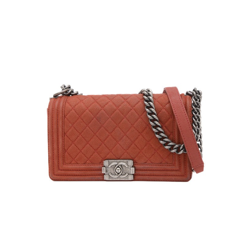CHANEL Boy Chain Shoulder Bag Red Leather with Silver Hardware