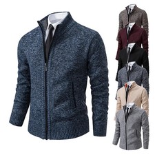 Autumn Men's Casual Zipper Cardigan Stand Collar Solid Sweatercoat Warm Fleece S