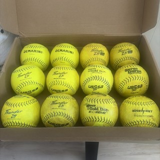 Lot of 12 Used 12” Softballs for Practice — Demarini Dudley Worth etc.