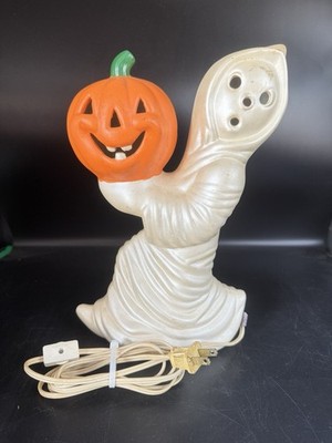 Ceramic 12'' Halloween Ghost Holding Pumpkin Jack O Lantern Light WORKS READ