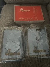 Vtg oriental 60s embroi Silk light blue Couture jacket shirt pants set Sz s/m