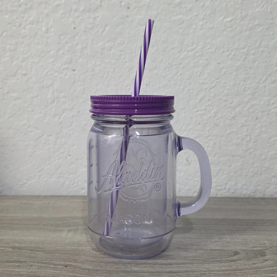 Conjunto de 2 canecas de viagem Aladdin isoladas 20 oz roxo plástico transparente frasco de pedreiro copo - Imagem 3 de 4