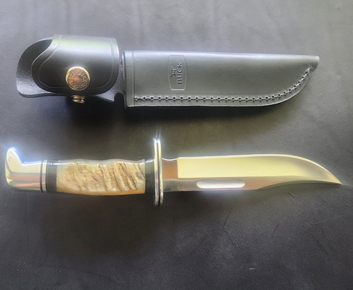 Custom Buck 119 Hunting Fixed Blade Knife, Rams Horn Inlay Handle w/ Sheath 2000